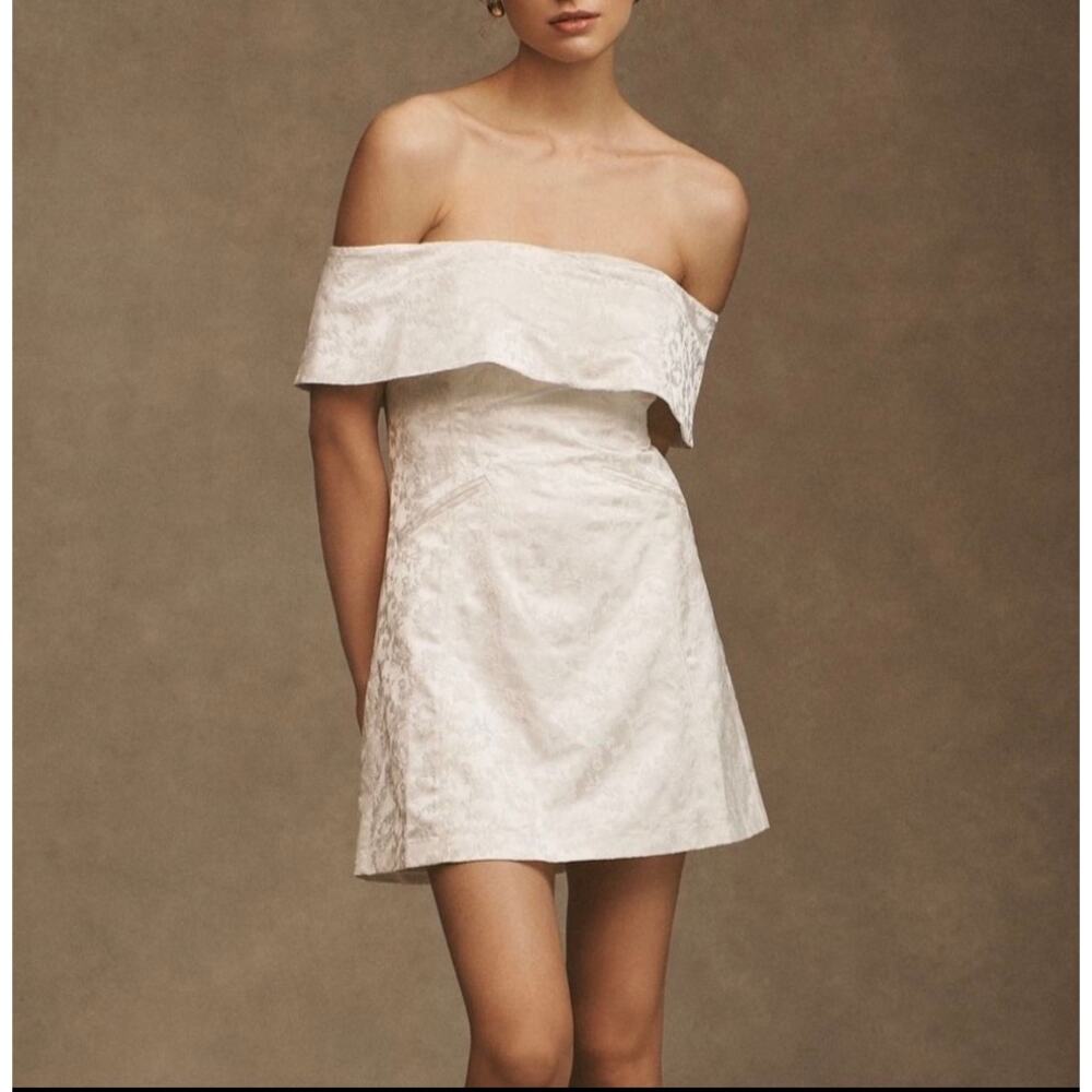Anthropologie BHLDN Ingrid Stretch Mini Dress Off-Shoulder White Jacquard Size L